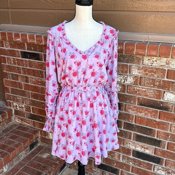 Shabby Chic Everleigh Rose Floral Print Ruffle Trim V-Neck Blouson Smocked Dress - Picture 1 of 8